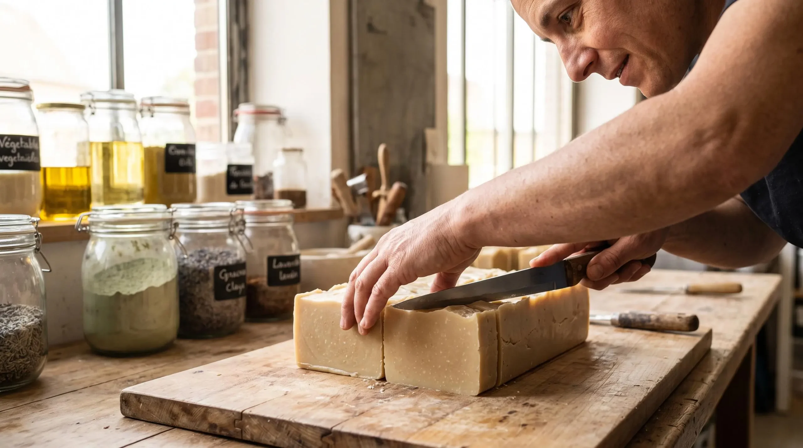 Mains d'un artisan savonnier découpant avec précision un bloc de savon bio surgras sur un plan de travail en bois, dans un atelier artisanal avec bocaux d'huiles végétales et plantes séchées en arrière-plan, lumière naturelle d'atelier