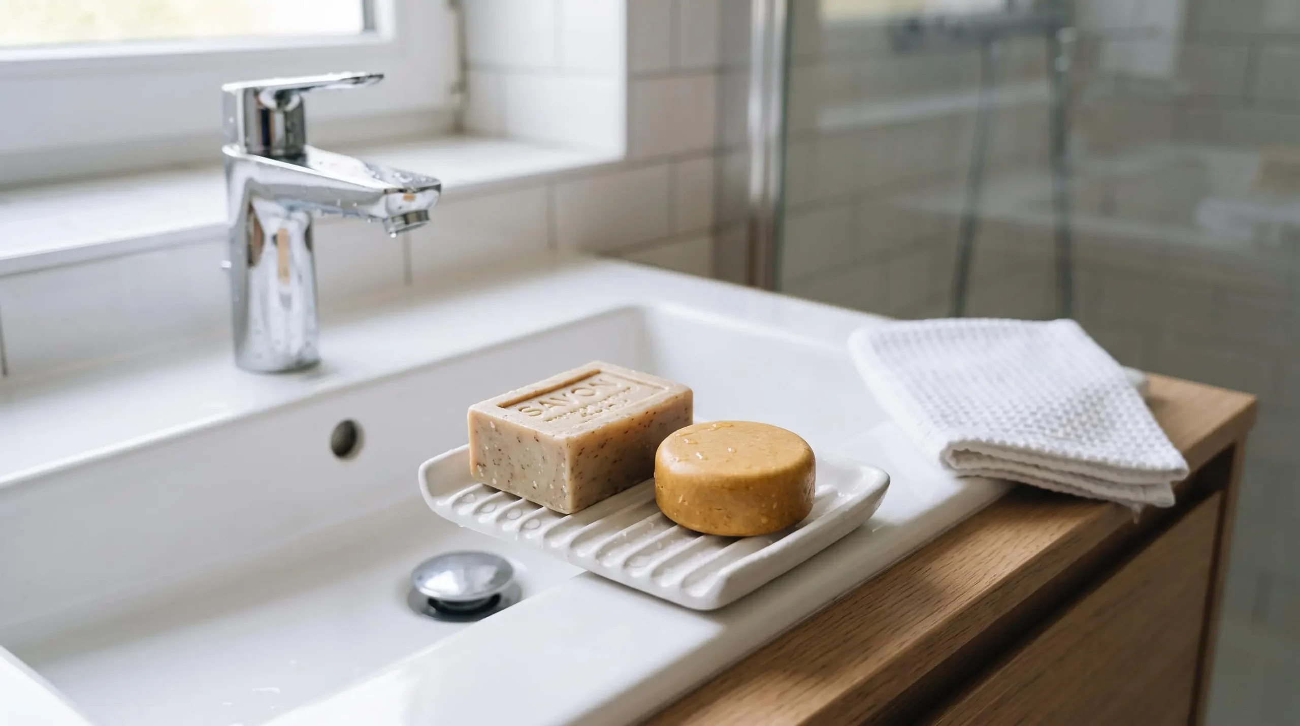 Porte-savon drainant en céramique blanche avec savon surgras et shampooing solide en train de sécher, posé sur rebord de lavabo contemporain blanc, gouttelettes d'eau visibles, robinet chromé en arrière-plan, lumière naturelle douce