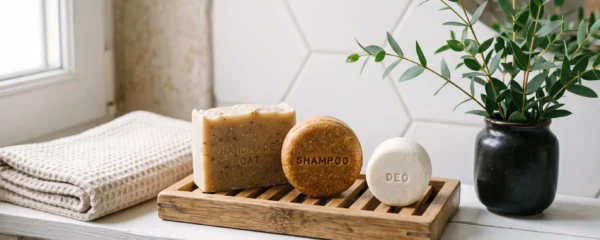 Trois cosmétiques solides bio artisanaux (savon surgras beige, shampooing solide ambré, déodorant blanc) posés sur un porte-savon drainant en bambou dans une salle de bain contemporaine épurée, accompagnés d'une serviette écru et d'une plante verte, lumière naturelle douce