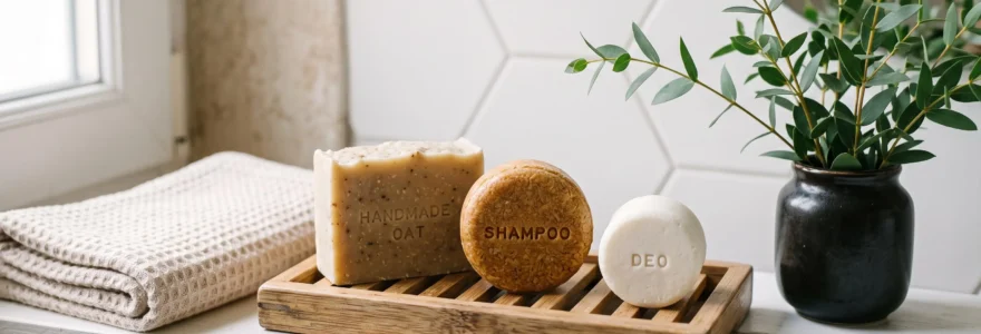 Trois cosmétiques solides bio artisanaux (savon surgras beige, shampooing solide ambré, déodorant blanc) posés sur un porte-savon drainant en bambou dans une salle de bain contemporaine épurée, accompagnés d'une serviette écru et d'une plante verte, lumière naturelle douce